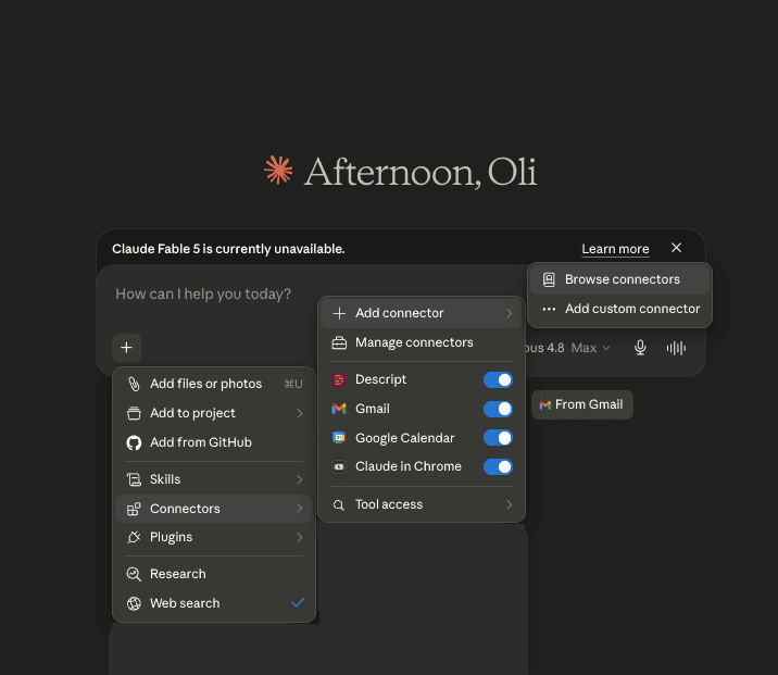 The + menu in Claude with Add connectors and Browse connectors