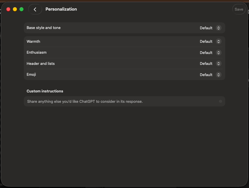 ChatGPT Personalization — the Custom instructions box and Warmth/Enthusiasm sliders