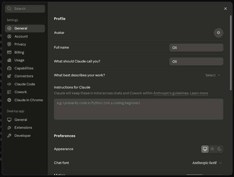 Claude settings — the Instructions for Claude box under General