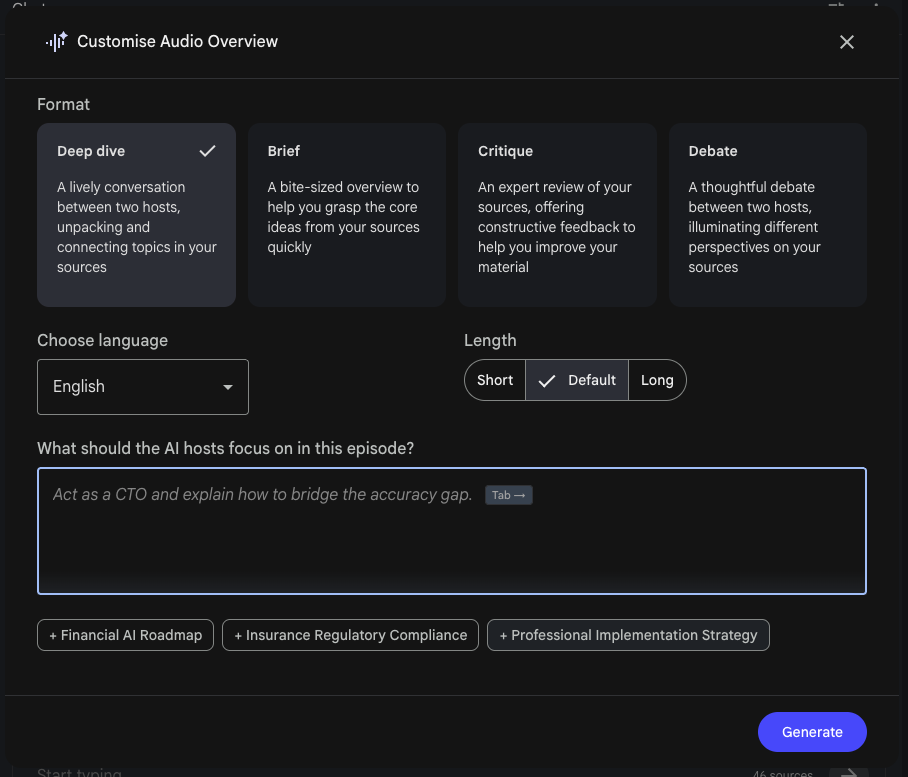 NotebookLM Customise Audio Overview screen